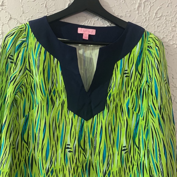 Lilly Pulitzer 100% Silk Seamus Tunic Green Blue 0 Long Sleeve Top Cover-Up - Picture 4 of 15